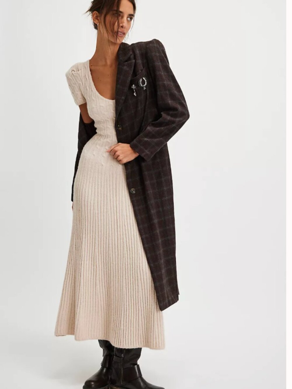 Free People Madsen Midi Dress Oatmilk Cream Cable Knit Drop Waist L